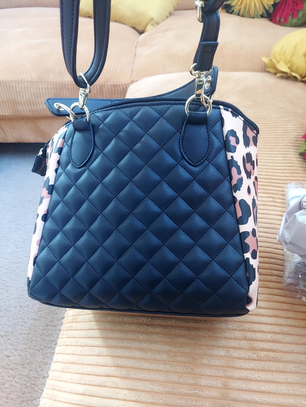 Luv Betsy Quilted Black Tote with Leopard Print Side Panels - Picture 3 of 13